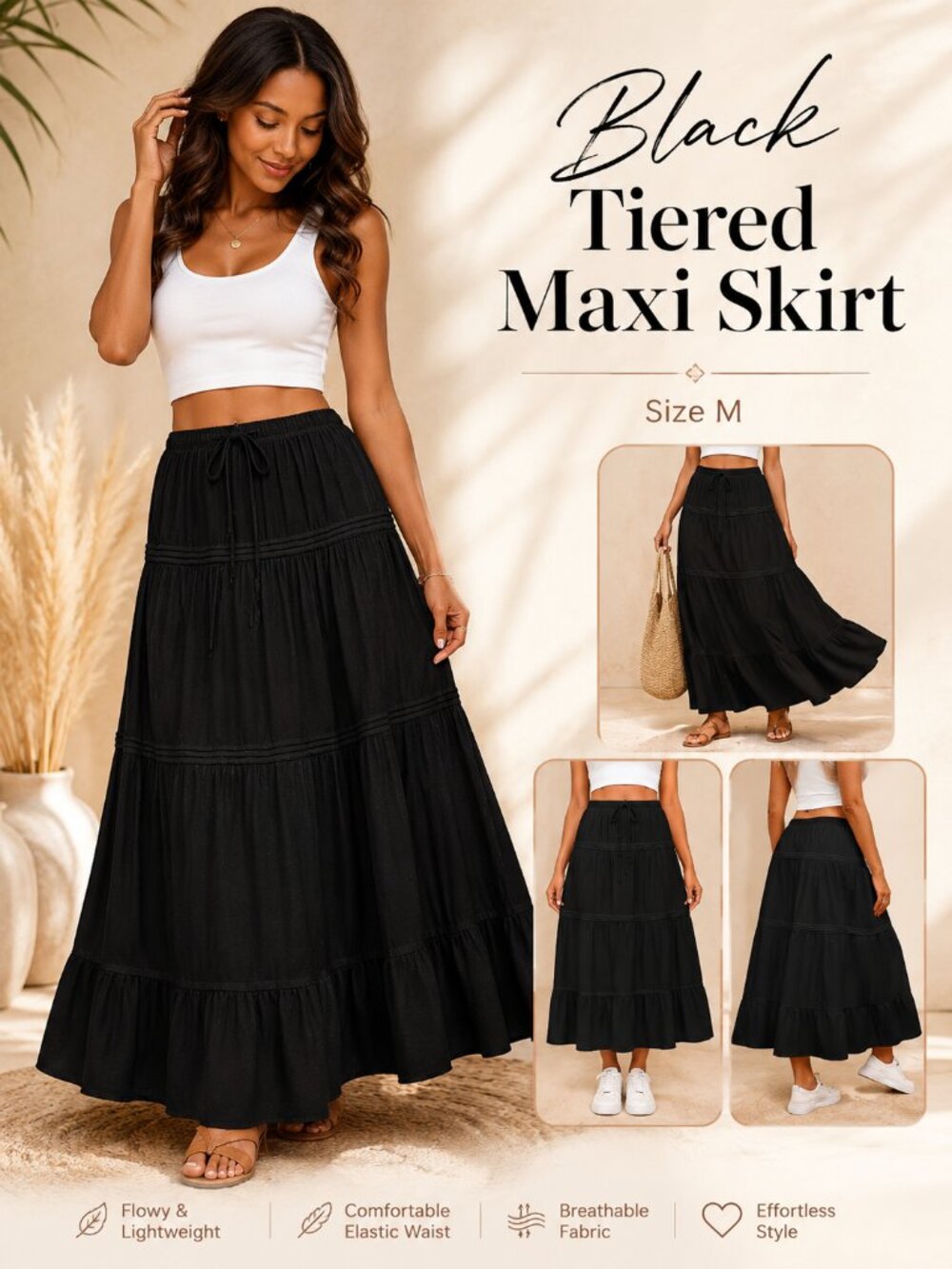 Black Boho Tiered Maxi Skirt Women’s Medium Flowy A-Line Ruffle Hem Beach Vacay